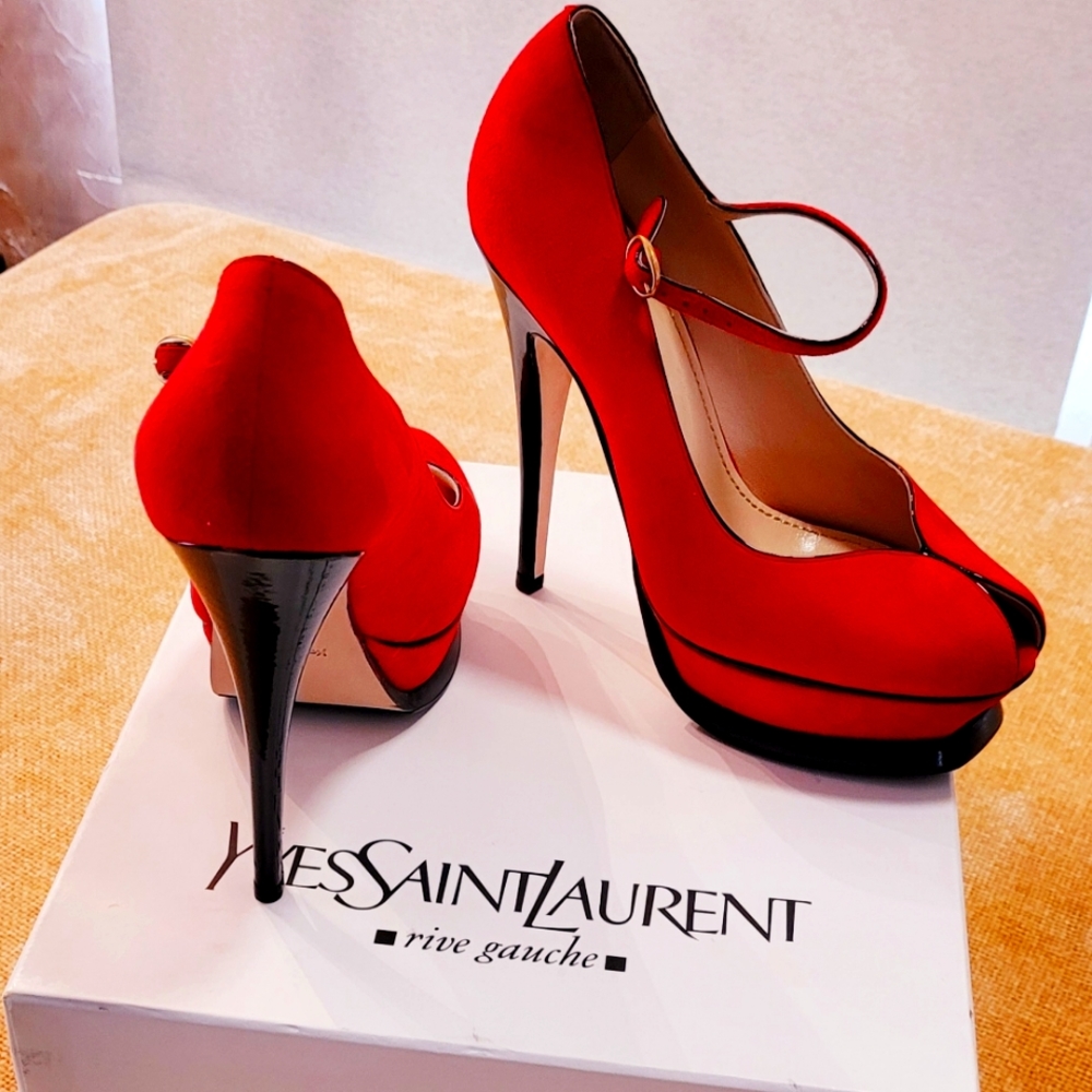 Yves Saint Laurent (YSL) Tribute Pump, Kid Suede Deep Red, Size 37, Wome…